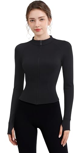 EIISSION Sportjacke Damen Laufjacke Sport Oberteil Jacke Yoga Gym Top Langarm Schwarz Trainingsjacke Winter Fitness Slim Fit Sweatjacke Reissverschluss Laufshirt mit Daumenloch XL von EIISSION
