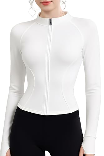 EIISSION Sportjacke Damen Laufjacke Sport Oberteil Jacke Yoga Gym Top Langarm Weiß Trainingsjacke Winter Fitness Slim Fit Sweatjacke Reissverschluss Laufshirt mit Daumenloch L von EIISSION