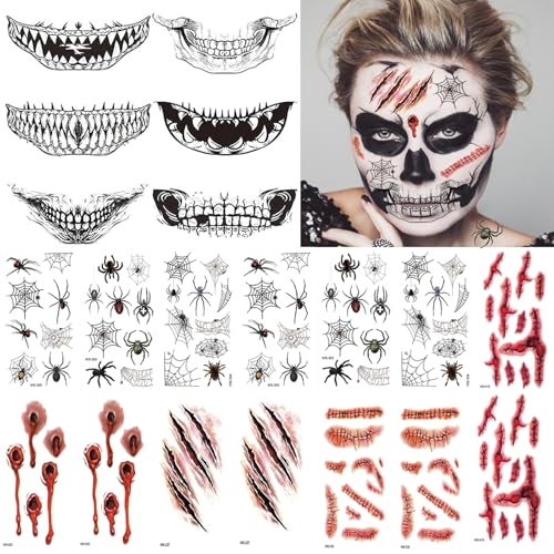 EIKEJI Halloween Tattoo,6 Halloween Mund Tattoo+8 Narben Tattoos+6 Spinnen Tattoos, Realistische Aufkleber Halloween Gesichtstattoo Horror, Halloween Kostüm Vampir Herren Gruselig Zombie Wunden Scars EIKEJI Halloween Tattoo,6 Halloween Mund Tattoo+8 Narben Tattoos+6 Spinnen Tattoos, Realistische Aufkleber Halloween Gesichtstattoo Horror, Halloween Kostüm Vampir Herren Gruselig Zombie Wunden Scars von EIKEJI