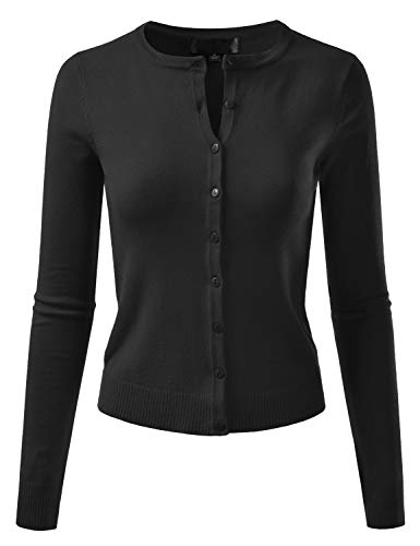 EIMIN Damen Rundhalsausschnitt Langarm Button Down Stretch Strick Cardigan Pullover, Esw002_schwarz, Mittel von EIMIN