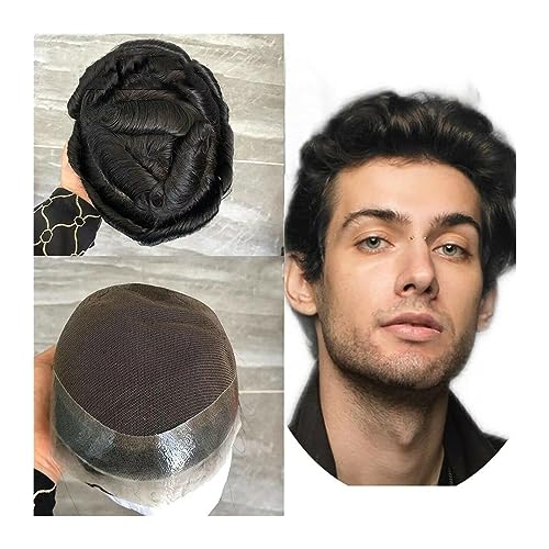 Perücken für Männer Herren Toupet Echthaar Männer Ersatzhaarteile Französische Spitze Mitte PU Um Männliche Haarprothese Natürliche Wellenhaareinheit Herrenperücke (Color : 1#-120%, Size : 7x10) von EINES