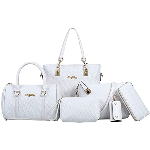 EINYNIUER Schultertaschen für Damen Tasche Damen Shopper Handtasche Damen Große Tasche Damen Wristlet Bag Verstellbarer Schultergurt 6 Stück Handtaschen-Set Leder Tote Handtasche Set Weiß von EINYNIUER