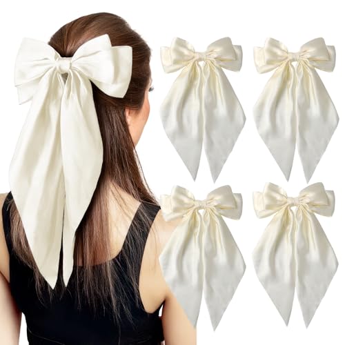 EIOAUY 4 x beigefarbene Haarschleifen für Damen und Mädchen, große seidige Satin-Schleife, Haarbänder, langer Schwanz, Haar-Accessoires von EIOAUY