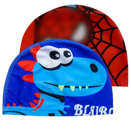 EIROVYA 2 Stück Badekappe Kinder,Schwimmhaube Kinder,Badekappen,Badekappe Stoff,Für 4-12 Jahre Jungen Mädchen,Schwimmkappe Kinder,Bequeme Passform für Langes und Kurzes Haar(Dinosaurier+Spider) von EIROVYA
