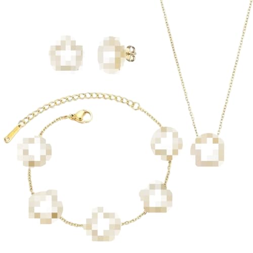 EIROVYA 3 Stück Vierblättriges Kleeblatt Schmuckset für Damen und Mädchen, Plattiert Edelstahl Zweiseitig Weiß Anhänger Halskette Ohrstecker Armband Emaille Schmuck Set Jewelry von EIROVYA