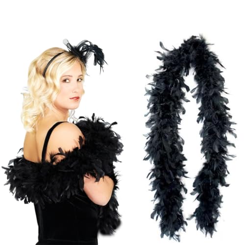 EIROVYA Federboa einfarbig Federdichten wählbar Länge ca. 1,20m Federstola Federschal Kostüm Karneval 20er Jahre Charleston Burlesque kuschelig(Schwarz), Einheitsgröße, 1 Stück von EIROVYA