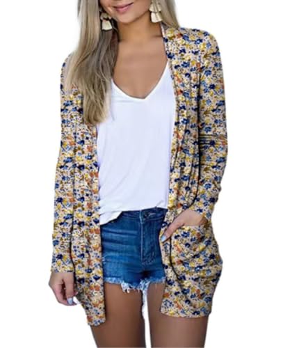 EIRUKON Casual Leichte Strickjacke Damen Lang Dünne Cardigan Sommer Cardigan Bohemian Strickjacken Langarm Sommerjacke mit Taschen Frühling,Blumendruck,M von EIRUKON