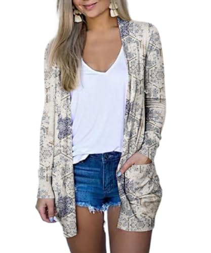 EIRUKON Casual Leichte Strickjacke Damen Lang Dünne Cardigan Sommer Cardigan Bohemian Strickjacken Langarm Sommerjacke mit Taschen Frühling,Diamantgitter,M von EIRUKON