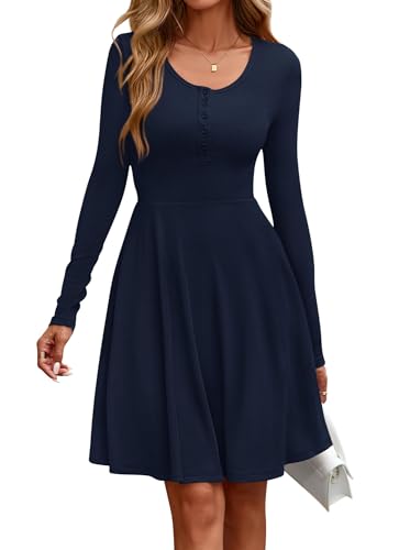 EIRUKON Damen Kleid Langarm Rundhals Herbstkleid Elegant Pulloverkleid Gerippt Knielang Lässiges Herbst Winter A Linie Midikleid mit Taschen,Blau,XL von EIRUKON