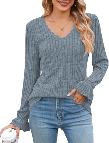 EIRUKON Damen Pullover Herbst Casual V Ausschnitt Langarmshirt Leichte Strickpullover Winter Oberteile Tunika Tops,Blau,S von EIRUKON