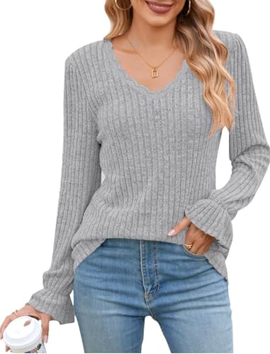 EIRUKON Damen Pullover Herbst Casual V Ausschnitt Langarmshirt Leichte Strickpullover Winter Oberteile Tunika Tops,Grau,M von EIRUKON