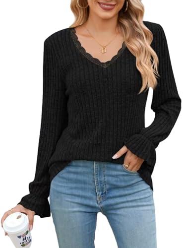 EIRUKON Damen Pullover Herbst Casual V Ausschnitt Langarmshirt Leichte Strickpullover Winter Oberteile Tunika Tops,Schwarz,XL von EIRUKON