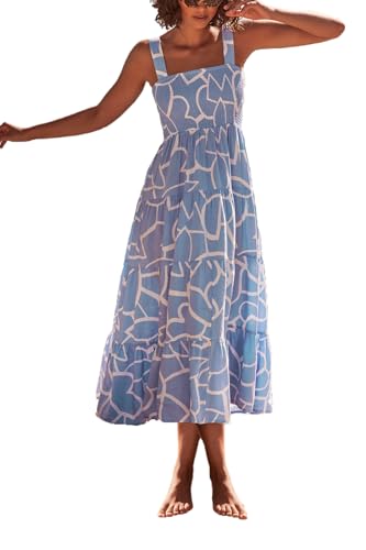 EIRUKON Damen Sommerkleid Lang Strandkleider Boho Floral Spaghetti Trägerkleid A-Linie Freizeitkleider Partykleid,Blaue Geometrie,S von EIRUKON