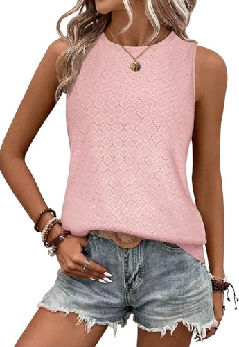 EIRUKON Damen Tank Top Sommer Ärmellose Oberteile Rundhals Shirt Vintage-Prints Cami Casual Elegante Blusen,Rosa,L von EIRUKON