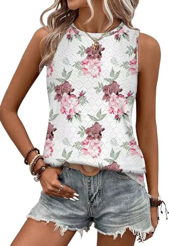 EIRUKON Damen Tank Top Sommer Ärmellose Oberteile Rundhals Shirt Vintage-Prints Cami Casual Elegante Blusen,Rote Blumen,XL von EIRUKON