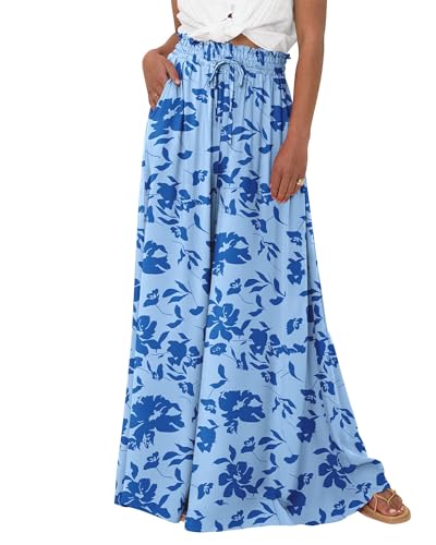 EIRUKON Hosen Damen Wide Leg Sommerhose Leicht Palazzo Hose Elegant Weite Hose Bequeme Baggy High Waist Freizeithose Boho Blume Stoffhose Strandhose mit Taschen,Blau,XXL von EIRUKON
