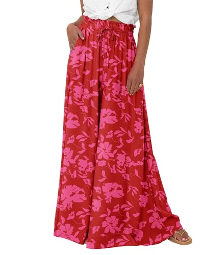 EIRUKON Hosen Damen Wide Leg Sommerhose Leicht Palazzo Hose Elegant Weite Hose Bequeme Baggy High Waist Freizeithose Boho Blume Stoffhose Strandhose mit Taschen,Rot,XXL von EIRUKON