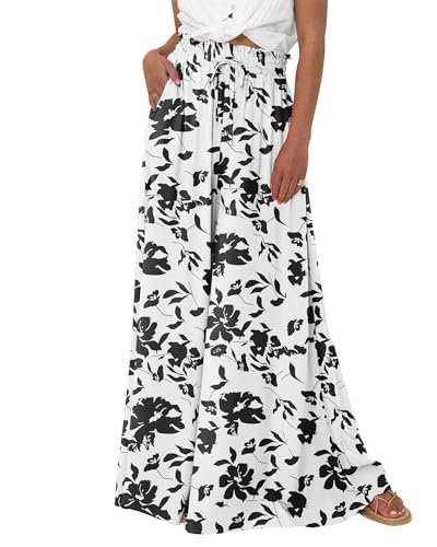 EIRUKON Hosen Damen Wide Leg Sommerhose Leicht Palazzo Hose Elegant Weite Hose Bequeme Baggy High Waist Freizeithose Boho Blume Stoffhose Strandhose mit Taschen,Schwarz,S von EIRUKON