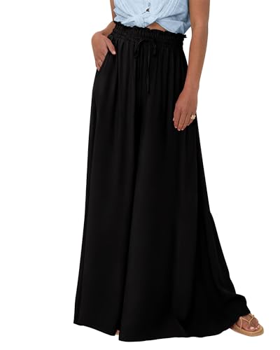 EIRUKON Hosen Damen Wide Leg Sommerhose Leicht Palazzo Hose Elegant Weite Hose Bequeme Baggy High Waist Freizeithose Einfarbig Stoffhose Strandhose mit Taschen,Schwarz,XL von EIRUKON