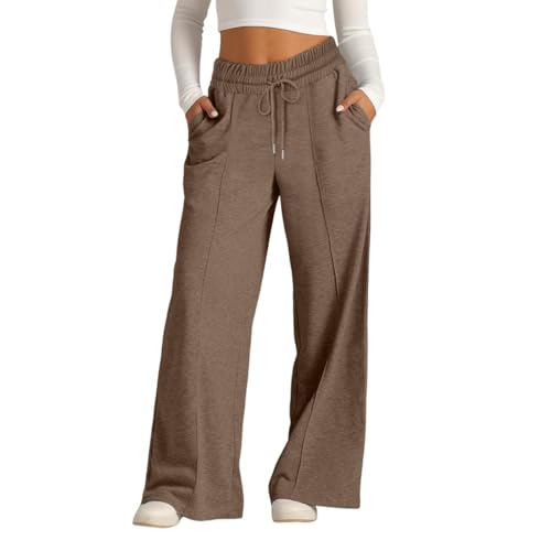 EIRUKON Jogginghose Damen Lang Lockere Sporthose Baggy Weites Bein Hosen High Waist Freizeithose Sweatpants Mit Taschen,Braun,S von EIRUKON