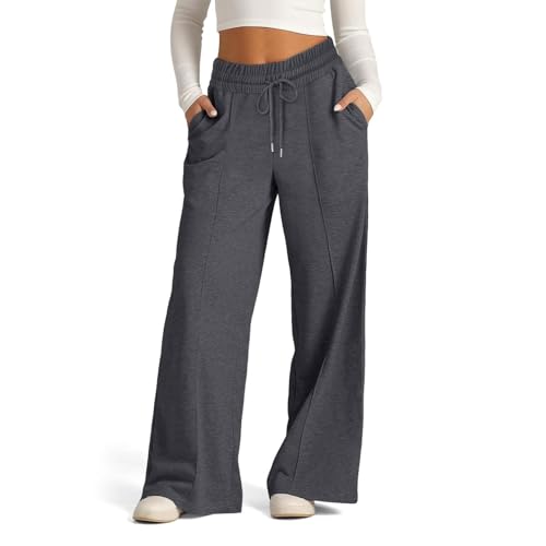 EIRUKON Jogginghose Damen Lang Lockere Sporthose Baggy Weites Bein Hosen High Waist Freizeithose Sweatpants Mit Taschen,Dunkelgrau,XL von EIRUKON