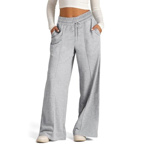 EIRUKON Jogginghose Damen Lang Lockere Sporthose Baggy Weites Bein Hosen High Waist Freizeithose Sweatpants Mit Taschen,Hellgrau,M von EIRUKON