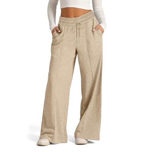 EIRUKON Jogginghose Damen Lang Lockere Sporthose Baggy Weites Bein Hosen High Waist Freizeithose Sweatpants Mit Taschen,Khaki,XXL von EIRUKON