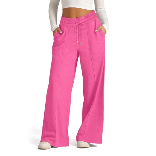EIRUKON Jogginghose Damen Lang Lockere Sporthose Baggy Weites Bein Hosen High Waist Freizeithose Sweatpants Mit Taschen,Rosa,L von EIRUKON