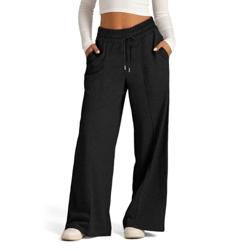 EIRUKON Jogginghose Damen Lang Lockere Sporthose Baggy Weites Bein Hosen High Waist Freizeithose Sweatpants Mit Taschen,Schwarz,S von EIRUKON