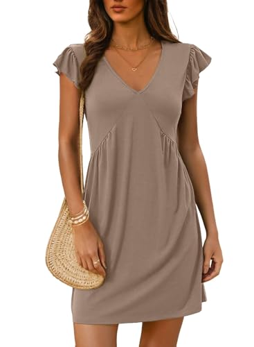 EIRUKON Kleid Damen Sommer V-Ausschnitt Rüschenärmel Minikleid Lässig Sommerkleid Kurz Hohe Taille Kleider Freizeitkleid Einfarbig Kurzarm Strandkleid,Khaki,M von EIRUKON