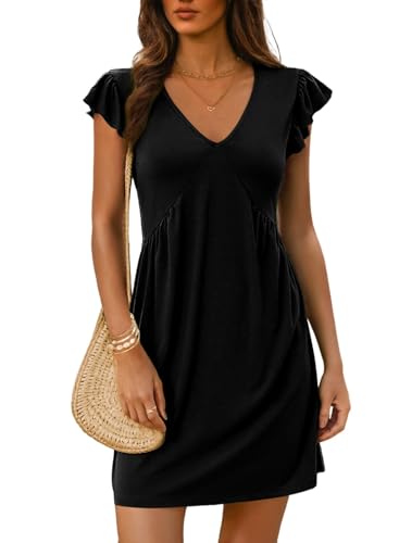 EIRUKON Kleid Damen Sommer V-Ausschnitt Rüschenärmel Minikleid Lässig Sommerkleid Kurz Hohe Taille Kleider Freizeitkleid Einfarbig Kurzarm Strandkleid,Schwarz,M von EIRUKON