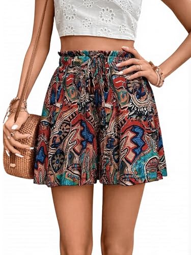 EIRUKON Kurze Hose Damen Sommer Shorts Leichte Elegant Flowy Damen-Shorts Elastisch High Waist Kurze Hosen Casual Rüschen Strandshorts Hosenrock,Retro,M von EIRUKON