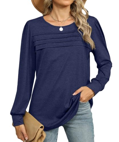 EIRUKON Langarmshirt Damen Rundhals Lässig Locker Falten Pullover Langarm Oberteile Elegant Puffärmel Longshirt Tunika Top Herbst Winter,Blau,XL von EIRUKON