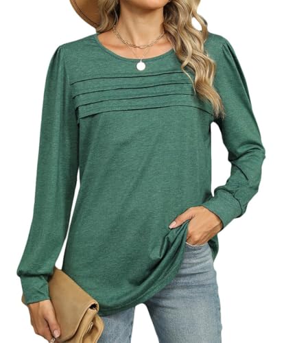 EIRUKON Langarmshirt Damen Rundhals Lässig Locker Falten Pullover Langarm Oberteile Elegant Puffärmel Longshirt Tunika Top Herbst Winter,Grün,M von EIRUKON