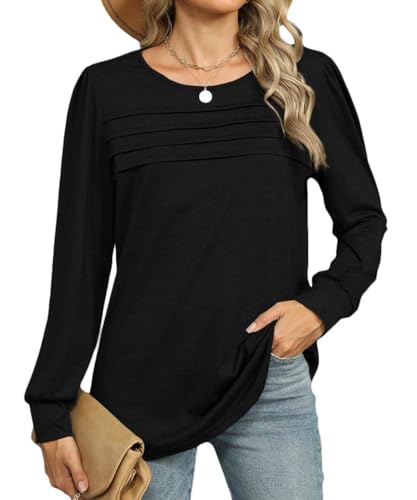 EIRUKON Langarmshirt Damen Rundhals Lässig Locker Falten Pullover Langarm Oberteile Elegant Puffärmel Longshirt Tunika Top Herbst Winter,Schwarz,M von EIRUKON