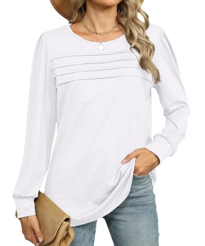 EIRUKON Langarmshirt Damen Rundhals Lässig Locker Falten Pullover Langarm Oberteile Elegant Puffärmel Longshirt Tunika Top Herbst Winter,Weiß,L von EIRUKON