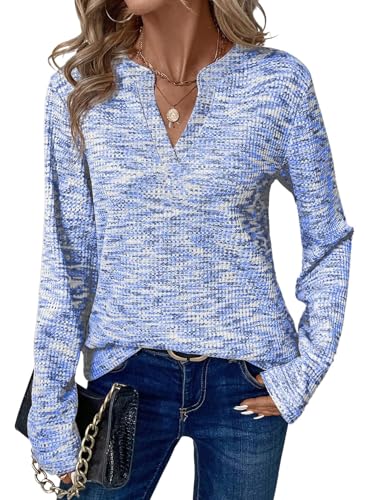EIRUKON Langarmshirt Damen Waffelgestrick Pullover V Ausschnitt Elegant Leichter Sweatshirt Herbst Winter Blusenshirt Langarm Casual T-Shirts,Blau,XXL von EIRUKON