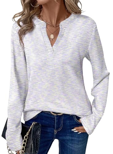EIRUKON Langarmshirt Damen Waffelgestrick Pullover V Ausschnitt Elegant Leichter Sweatshirt Herbst Winter Blusenshirt Langarm Casual T-Shirts,Weiß,L von EIRUKON