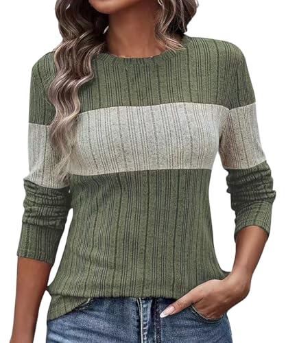 EIRUKON Pullover Damen Langarmshirt Rundhal Lässige Strickpullover Leichte Sweater Herbst Oberteile Elegant Farbblock Tunika Tops,Armeegrün L von EIRUKON