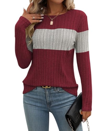 EIRUKON Pullover Damen Langarmshirt Rundhal Lässige Strickpullover Leichte Sweater Herbst Oberteile Elegant Farbblock Tunika Tops,Burgunderrot M von EIRUKON