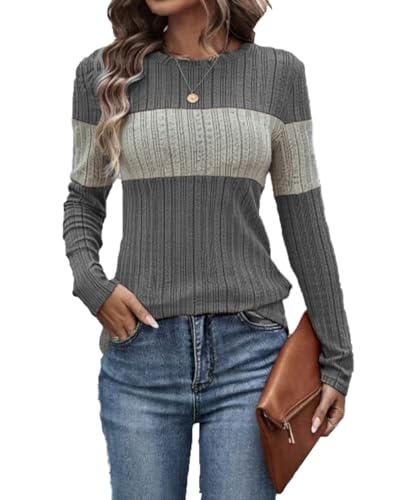 EIRUKON Pullover Damen Langarmshirt Rundhal Lässige Strickpullover Leichte Sweater Herbst Oberteile Elegant Farbblock Tunika Tops,Grau,S von EIRUKON