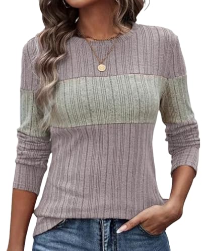 EIRUKON Pullover Damen Langarmshirt Rundhal Lässige Strickpullover Leichte Sweater Herbst Oberteile Elegant Farbblock Tunika Tops,Rosa XXL von EIRUKON