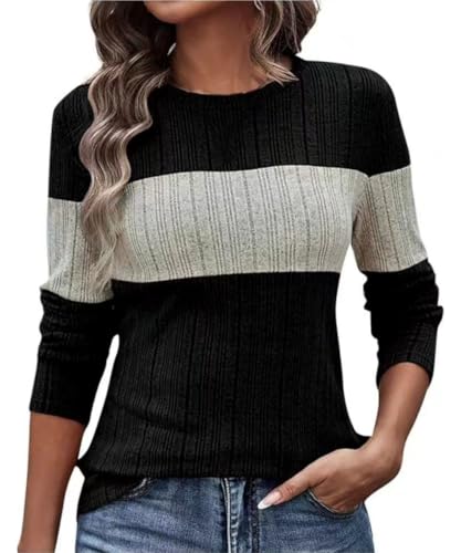 EIRUKON Pullover Damen Langarmshirt Rundhal Lässige Strickpullover Leichte Sweater Herbst Oberteile Elegant Farbblock Tunika Tops,Schwarz XXL von EIRUKON
