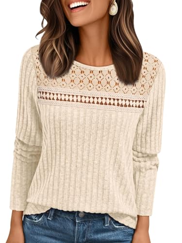 EIRUKON Pullover für Damen Leichte Strickpullover Lässige Rundhals Langarmshirt Herbst Winter Elegant Pulli Oberteile Top mit Spitze Einfarbig Langarm Tunika,Beige,XL von EIRUKON