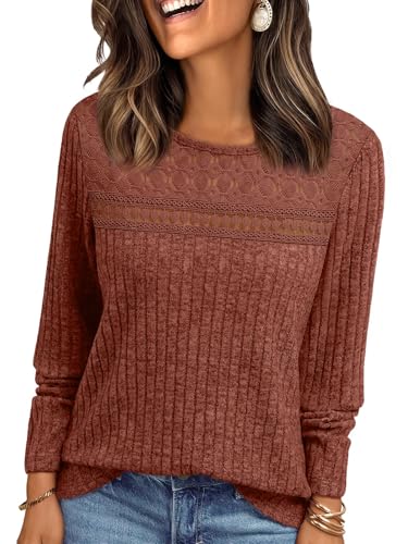 EIRUKON Pullover für Damen Leichte Strickpullover Lässige Rundhals Langarmshirt Herbst Winter Elegant Pulli Oberteile Top mit Spitze Einfarbig Langarm Tunika,Caramel,XXL von EIRUKON