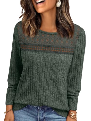 EIRUKON Pullover für Damen Leichte Strickpullover Lässige Rundhals Langarmshirt Herbst Winter Elegant Pulli Oberteile Top mit Spitze Einfarbig Langarm Tunika,Grün,L von EIRUKON