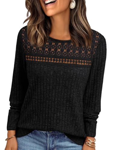 EIRUKON Pullover für Damen Leichte Strickpullover Lässige Rundhals Langarmshirt Herbst Winter Elegant Pulli Oberteile Top mit Spitze Einfarbig Langarm Tunika,Schwarz,M von EIRUKON