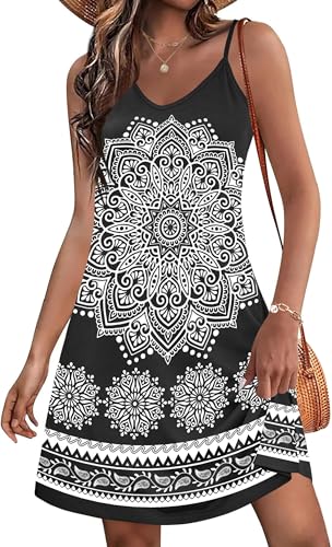 EIRUKON Sommerkleid Damen Bohemian Ärmellos Kleid V-Ausschnitt Blumenmuster Kleider Kurz Strandkleid Lässiges Minikleid Spaghettitrger Freizeitkleid mit Taschen,Schwarz,L von EIRUKON