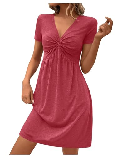 EIRUKON Sommerkleid Damen Elegant Kurzarm V-Ausschnitt Kleider Sommer Kleid A Linie Knielang Strandkleider Hohe Taille Freizeitkleid Gedrehte Knoten,Rosa,M von EIRUKON