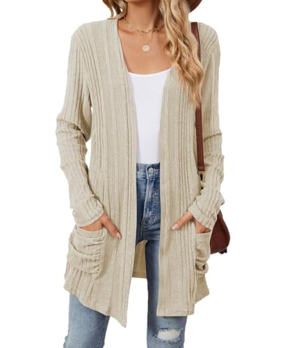 EIRUKON Strickjacke Damen Lang Cardigan Casual Elegant Strickjacken Herbst Winter Leichter Strickcardigan Einfrabige Klassisch Strickjacke mit Taschen S-XXL（Beige,L） von EIRUKON